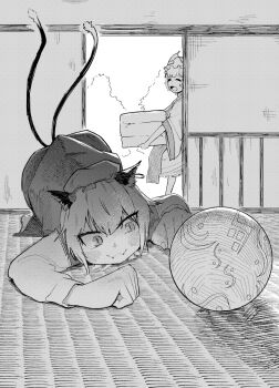 Rule 34 | 2girls, :3, all fours, animal ears, ball, blanket, cat ears, cat girl, cat tail, chen, closed eyes, commentary, dress, fangs, fox girl, hat, holding, holding blanket, indoors, korean commentary, monochrome, multiple girls, multiple tails, open mouth, shirt, short hair, sliding doors, slit pupils, smile, sweatdrop, tabard, tail, touhou, two tails, wwo3302, yakumo ran