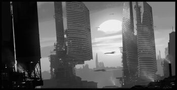 bad_link city_lights cityscape cloud commentary english_commentary greyscale highres monochrome moon night original outdoors painterly raphael-lacoste scenery science_fiction signature smoke smokestack spacecraft tower water_tower