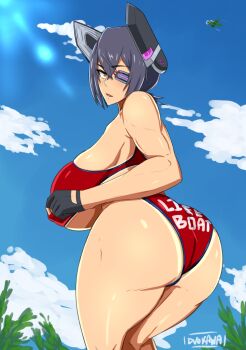 Rule 34 | 1girl, aircraft, airplane, ass, bare arms, bare shoulders, bikini, bikini top only, blue sky, blush, breasts, clothes writing, cloud, dark skin, duo kawa, english text, eyepatch, from behind, headdress, huge ass, huge breasts, kantai collection, lens flare, lifeguard, looking at viewer, looking back, muscular, muscular female, open mouth, outdoors, purple hair, shiny skin, short hair, sky, sweat, swimsuit, tan, tenryuu (kancolle), thick thighs, thighs, underboob, wide hips, yellow eyes