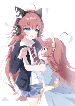 Rule 34 | 1girl, aged down, animal ear headphones, animal ears, bang dream!, black jacket, blue dress, blue eyes, blue skirt, cat ear headphones, cat ears, dress, fake animal ears, hashtag-only commentary, headphones, highres, holding hands, jacket, ksjsa, long hair, long sleeves, looking at another, necktie, open mouth, red eyes, red necktie, school uniform, shirt, simple background, skirt, standing, tamade chiyu, white background, white shirt