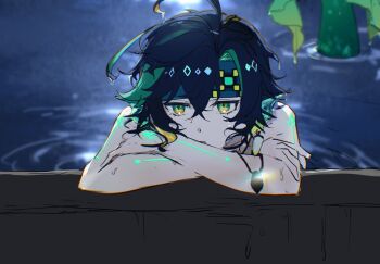 Rule 34 | 1boy, aqua headband, arm tattoo, cidao84194, crossed arms, genshin impact, green hair, headband, highres, jewelry, kinich (genshin impact), looking at viewer, male focus, multicolored eyes, multicolored hair, night, short hair, solo, spiked ear piercing, tattoo, topless male, upper body, water