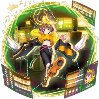 1girl alternate_costume belt black_skirt brown_eyes brown_hair closed_mouth computer full_body game_cg hairband headphones highres hologram hood hoodie long_sleeves looking_at_viewer lyrica_prismriver lyrica_prismriver_(youngest_memory_leaker_sister) midriff mixing_console monitor musical_staff navel official_art pink_belt rotte_(1109) science_fiction shoes short_hair silhouette skirt smile sneakers solo star_(symbol) third-party_source touhou touhou_lostword transparent_background v-shaped_eyebrows vinyl_record wings yellow_hairband yellow_hoodie