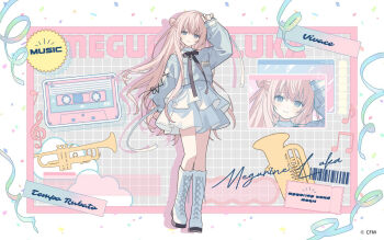 Rule 34 | 1girl, artist name, boots, cassette tape, character name, closed mouth, cloud, company name, confetti, copyright notice, cropped sweater, dress, full body, grey sweater, hair between eyes, instrument, long hair, megurine luka, moo n moko, musical note, neck ribbon, official art, pink hair, purple eyes, ribbon, smile, streamers, sweater, third-party source, ticket, trumpet, very long hair, vocaloid, white boots, white dress, zoom layer