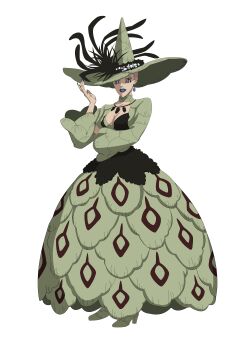 1girl absurdres black_clover black_clover_m:_rise_of_the_wizard_king blue_lips blue_nails boots breasts cleavage dress earrings full_body green_boots green_dress green_hat hat highres jewelry looking_at_viewer medium_breasts necklace non-web_source official_art simple_background solo transparent_background witch_hat witch_queen_(black_clover)