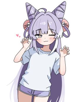 1girl :3 ahoge blue_eyes bright_pupils claw_pose closed_mouth cone_hair_bun cowboy_shot dolphin_shorts dot_nose double_bun hair_bun hair_ornament hair_rings hands_up hashtag-only_commentary heart highres long_hair looking_at_viewer one_eye_closed pom_pom_(clothes) pom_pom_hair_ornament purple_hair purple_shorts saewoocho_bab shirt short_shorts short_sleeves shorts simple_background solo standing stellive straight_hair t-shirt tenko_shibuki very_long_hair virtual_youtuber white_background white_shirt yellow_pupils