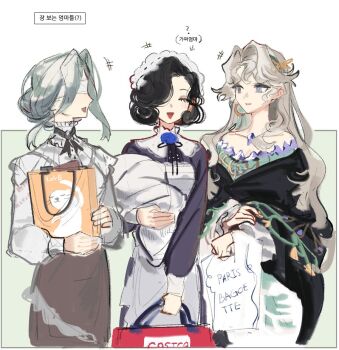 3girls baby bag black_hair blindfold blonde_hair dress flower ing_(ing205509) maid maid_headdress multiple_girls purple_dress reverse:1999 swaddled tuesday_(reverse:1999) urd_(reverse:1999) white_hair