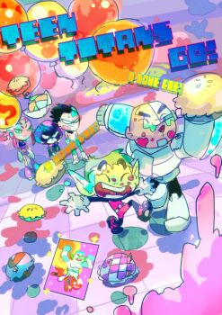 2girls 3boys bald balloon beast_boy_(dc) black_hair chibi colored_skin copyright_name cyborg cyborg_(dc) dark_skin dc_comics dick_grayson food garfield_logan glowing glowing_eyes green_eyes green_hair green_skin grey_skin hood multiple_boys multiple_girls orange_hair orange_skin paw_shoes pie raven_(dc) robin_(dc) skirt smile starfire teen_titans victor_stone