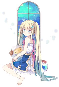 1girl bad_id bad_pixiv_id bare_arms bare_shoulders barefoot blonde_hair blue_eyes blue_hair blush closed_mouth dress full_body highres jar long_hair looking_at_viewer multicolored_hair original simple_background sitting solo strapless strapless_dress stuffed_animal stuffed_sheep stuffed_toy tsukiyo_(skymint) twintails two-tone_hair wariza white_background white_dress window