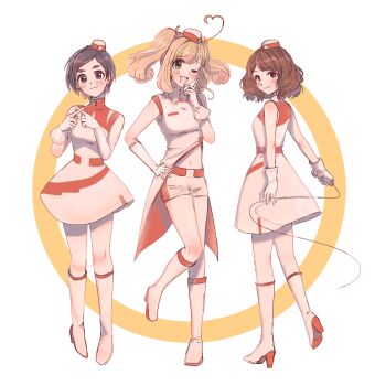 3girls ;d ahoge black_hair blonde_hair boots brown_hair circle dress full_body futomayugorou garrison_cap gloves hat heart heart_ahoge highres idol idol_clothes idolmaster idolmaster_cinderella_girls knee_boots looking_at_viewer matsuo_chizuru microphone mini_hat multiple_girls nagatomi_hasumi navel one_eye_closed open_mouth sato_shin simple_background sleeveless sleeveless_dress smile tailcoat two-tone_dress voy@ger_(idolmaster) white_gloves x_fingers