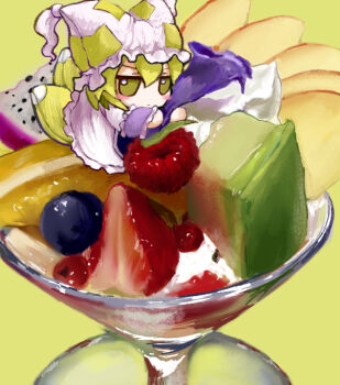 Rule 34 | 1girl, blonde hair, dress, food, food focus, fox tail, fruit, fruit salad, fumo (doll), hat, highres, mini person, minigirl, mob cap, multiple tails, on food, raspberry, rusuban (yakumora n), solo, strawberry, tail, touhou, white dress, yakumo ran, yellow eyes