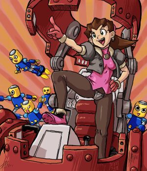 1girl breasts brown_hair capcom crotch_plate earrings gloves green_eyes hair_slicked_back hairband jacket jewelry mega_man_(series) mega_man_legends_(series) open_mouth pantyhose pink_hairband ragathol servbot_(mega_man) short_hair short_sleeves tron_bonne_(mega_man)