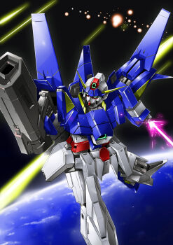 asaba_naoto commentary earth_(planet) energy_sword english_commentary green_eyes gun gundam gundam_age gundam_age-3 highres holding holding_gun holding_sword holding_weapon humanoid_robot mecha mobile_suit no_humans planet robot science_fiction solo space sword v-fin weapon