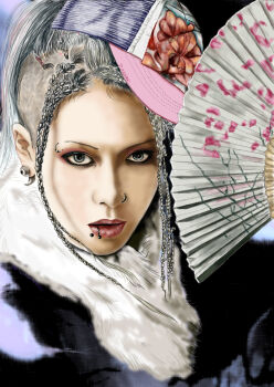 1boy asymmetrical_hair blonde_hair blue_eyes braid earrings face_piercing folding_fan hand_fan hat j-rock jewelry lip_piercing lip_ring male_focus miyavi musician nose_piercing nose_ring piercing realistic side_shave solo visual_kei
