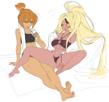 2girls :d @_@ abs arm_support armpit_crease bare_arms bare_legs bare_shoulders barefoot bikini black_bikini blonde_hair breasts brown_bikini brown_hair cameltoe cleavage coat cookie_run cookie_run:_ovenbreak croissant_cookie crossed_ankles cup curly_sidelocks disposable_coffee_cup disposable_cup double-parted_bangs drinking drinking_straw drinking_straw_in_mouth dual_persona eye_contact eyepatch feet food-themed_hair full_body hair_between_eyes hair_intakes heart high_ponytail highres holding holding_cup humanization large_breasts long_hair long_sleeves looking_at_another multiple_girls ohta_guk_hip one_eye_covered open_clothes open_coat open_mouth orange_eyes parted_bangs ponytail protected_link short_hair simple_background sitting small_breasts smile spoken_heart spread_legs sweat swimsuit timekeeper_cookie towel towel_around_neck v-shaped_eyebrows very_long_hair white_background white_coat