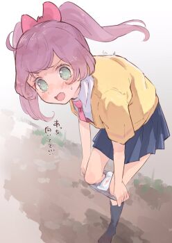 1girl aged_up ahoge bad_id bad_twitter_id black_skirt black_socks blouse blush bow embarrassed full_body green_eyes hair_bow highres hyakumangoku_masurao leg_up long_hair looking_at_viewer manaka_laala menstrual_pad menstruation necktie open_mouth outdoors panties panty_pull paprika_private_academy_school_uniform pink_bow pleated_skirt pretty_series pripara purple_hair red_necktie school_uniform shirt skirt socks solo standing standing_on_one_leg sweat translated twintails underwear undressing white_shirt yellow_shirt