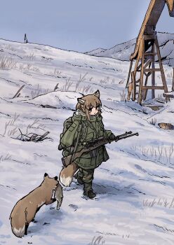 1girl absurdres animal animal_ears brown_eyes brown_hair camouflage camouflage_jacket coat dead_animal drawstring footprints fox fox_ears fox_girl fox_girl_(yihan_world) fox_tail green_coat gun highres hill hood hood_down hunting jacket landscape m21 original outdoors pumpjack rabbit rifle scope sky snow solo tail walking weapon winter winter_clothes winter_coat yihan_world