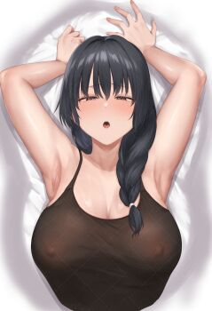 1girl a_mezashi armpits arms_up black_camisole black_hair braid breasts brown_eyes camisole commentary_request hair_between_eyes highres large_breasts looking_at_viewer lying on_back original see-through_clothes side_braid single_braid sleeveless solo variant_set