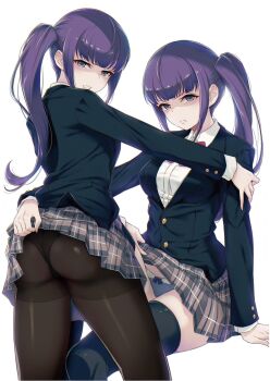 2girls 40hara ass assisted_exposure black_panties blazer blue_eyes blue_thighhighs breasts chromatic_aberration clenched_teeth clothes_lift contrapposto film_grain frown futaba_kano futaba_yuno gesugao glaring highres jacket long_hair long_sleeves looking_at_viewer medium_breasts multiple_girls original panties panties_under_pantyhose pantyhose plaid_clothes plaid_skirt pleated_skirt purple_hair scan school_uniform shaded_face siblings side_ponytail simple_background sisters skirt skirt_lift small_breasts standing teeth thighband_pantyhose thighhighs underwear white_background