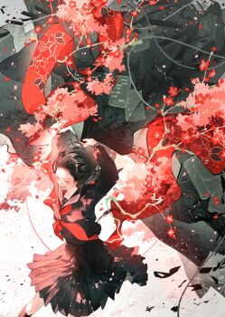 Rule 34 | 1girl, absurdres, arms up, black hair, black sailor collar, black serafuku, black shirt, closed eyes, commentary request, flower, highres, holding, long hair, long sleeves, miniskirt, neckerchief, open mouth, original, pleated skirt, red flower, red neckerchief, red theme, rindo karasuba, sailor collar, school uniform, serafuku, shirt, skirt, solo