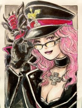 Rule 34 | 1boy, 1girl, black choker, black coat, black gloves, breasts, choker, coat, collar, collarbone, commentary request, cross, cross necklace, curly hair, gloves, hat, highres, hikounin sentai akibaranger, holding, holding removed eyewear, jewelry, lab coat, large breasts, long sleeves, marushina, necklace, peaked cap, purple hair, sketch, super sentai, tinted eyewear, unworn eyewear, upper body, yellow-tinted eyewear