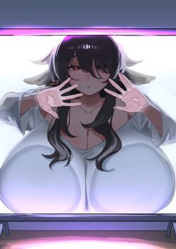 1girl against_glass animal_ears black_hair breasts cleavage commentary commission cosplay cow_ears cow_girl dress english_commentary gigantic_breasts grey_dress hair_over_one_eye hand_on_glass hands_up long_hair long_sleeves looking_at_viewer naomi_(jampulse) nia_(nia4294) original parted_lips red_eyes screen second-party_source solo television the_ring white_background yamamura_sadako yamamura_sadako_(cosplay)