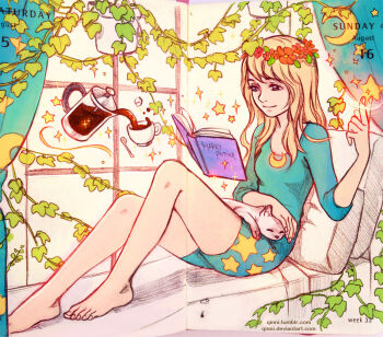 1girl animal animal_on_lap blonde_hair cat cat_on_lap commentary crescent_print cup dated deviantart_username drink english_commentary floating floating_hair flower harry_potter_(series) head_wreath ivy levitation luna_lovegood magic on_lap petting plant qinni reading red_flower sleeping_animal smile solo_focus spoon star_(symbol) sugar_cube teacup traditional_media tumblr_username vines watermark web_address window_light witch wizarding_world