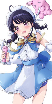 &gt;_&lt; 1girl absurdres ahoge black_hair blue_hat blue_skirt bow breasts brown_bow commentary_request fang frilled_skirt frills fukumaru_koito hat heart highres holding idolmaster idolmaster_shiny_colors kuroba_aki long_hair looking_at_viewer low_twintails magical_girl open_mouth purple_eyes shirt simple_background skirt sleeveless sleeveless_shirt small_breasts solo standing star_(symbol) stuffed_animal stuffed_rabbit stuffed_toy twintails white_background white_shirt