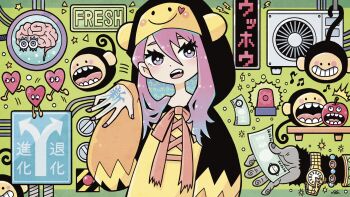 1girl air_conditioner alarm_siren animal_hood apple banknote black_jacket blue_hair bow brain colored_inner_hair dot_nose fang food fruit garouma gradient_hair green_background hand_tattoo heart highres holding holding_money hood hood_up indoors jacket lightning_bolt_symbol looking_at_viewer money monkey monkey_hood multicolored_hair multicolored_jacket musical_note orange_jacket original patterned_hair purple_eyes purple_hair red_bow road_sign sign star_(symbol) tattoo teeth two-tone_jacket yellow_jacket