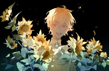 1boy ascot black_background blonde_hair blue_eyes collared_shirt flower gem hair_between_eyes jewelry liulianjingrua looking_at_viewer male_focus open_mouth original petals shirt short_hair simple_background smile solo sunflower upper_body white_ascot white_shirt yellow_flower