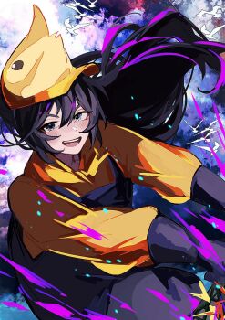 1boy bird black_eyes black_hair blue_background blue_eyes blue_overalls e.g.o_(project_moon) gloves hat heterochromia high_ponytail highres hong_lu_(project_moon) hood hoodie limbus_company long_hair looking_at_viewer male_focus nakame77 open_mouth orange_hat orange_hoodie overalls ponytail project_moon purple_gloves purple_liquid seagull simple_background soda_(e.g.o) solo upper_body