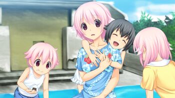 10s blush breasts character_request child eyes_closed game_cg hair_ornament highres koutaro open_mouth pink_eyes pink_hair short_hair takara_ichiko tropical_kiss tropical_vacation twinkle_(company)