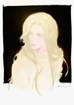 1boy alternate_costume androgynous black_background blonde_hair closed_mouth commentary english_commentary exclusiverobert green_eyes highres lies_of_p long_hair male_focus romeo_(lies_of_p) signature solo sweater turtleneck turtleneck_sweater upper_body wavy_hair white_background white_sweater