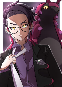 1boy absurdres adjusting_clothes adjusting_necktie antennae black-framed_eyewear black_hair black_jacket bug centipede closed_mouth collared_shirt colored_sclera corbeau_(pokemon) eyewear_strap gen_5_pokemon glasses highres horns jacket long_sleeves looking_at_viewer mega_stone necktie nintendo open_clothes open_jacket parted_hair pokemon pokemon_(creature) pokemon_legends:_z-a purple_hair purple_shirt rono_(lethys) round_eyewear scolipede shirt short_hair short_sideburns undercut upper_body white_necktie yellow_eyes yellow_sclera