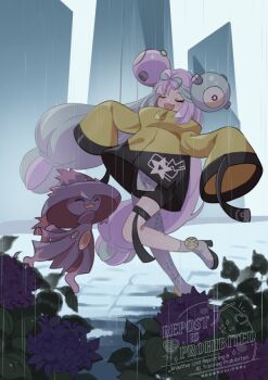 1girl blue_hair blush bow-shaped_hair breasts character_hair_ornament closed_eyes fake_hair_bun flower gen_4_pokemon grey_pantyhose hair_ornament hexagon_print iono_(pokemon) jacket long_hair long_sleeves mismagius mizuiro123 multicolored_hair nintendo open_mouth oversized_clothes pantyhose pink_hair pokemon pokemon_(creature) pokemon_sv rain sharp_teeth shirt single_leg_pantyhose sleeves_past_fingers sleeves_past_wrists smile solo split-color_hair teeth two-tone_hair wet yellow_jacket