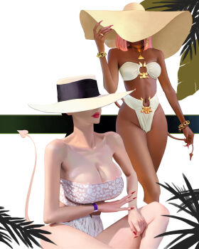 absurdres animal_print armpits bare_arms bare_hips bare_legs bare_shoulders bikini black_hair bracelet breasts cleavage clothing_cutout collar covered_eyes dark-skinned_female dark_skin demon_girl demon_tail feet_out_of_frame fingernails hat highleg highleg_bikini highres holding_own_tail jewelry large_breasts leopard_print lips lipstick long_fingernails makeup navel navel_cutout original palm_leaf pink_hair simple_background sitting swimsuit tail thighs toned toned_female wonbin_lee