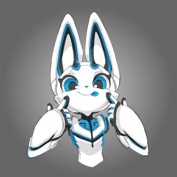 1boy 2016 :p absurdres animal_ears blue_eyes chinese_commentary closed_mouth cloud_the_robot_rabbit colored_skin commentary electric_hearts english_commentary furry furry_male highres joints krita_(medium) looking_at_viewer making_faces original portrait rabbit rabbit_boy rabbit_ears rabbit_tail robot robot_joints signature simple_background smile tail tongue tongue_out tyson_tan white_skin