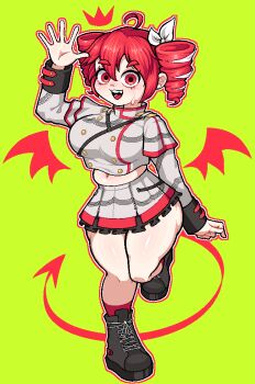 1girl arm_at_side bare_legs belly black_boots black_jacket black_skirt blazer boots breasts drill_hair empty_eyes feet_up female_focus frilled_skirt frills full_body green_background grey_jacket grey_skirt hair_ribbon hand_up jacket kasane_teto kasane_teto_(sv) large_breasts long_sleeves looking_at_viewer marshort matching_hair/eyes medium_hair midriff miniskirt multicolored_jacket multicolored_skirt nervous nervous_smile nervous_sweating open_mouth plump red_eyes red_hair red_jacket red_skirt red_socks ribbon simple_background skirt smile socks solo standing standing_on_one_leg surprised sweat teeth twin_drills upper_teeth_only utau white_ribbon wide_hips