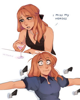 1girl :t black_bow black_dress blue_eyes blue_shirt bow brown_eyes cocktail_glass collared_shirt commentary cup dress drinking_glass english_commentary english_text hair_bow half_updo heterochromia highres humanization ikimaru jewelry knife long_hair multiple_views necklace pearl_necklace ragatha_(the_amazing_digital_circus) red_hair shirt signature sleeveless sleeveless_dress the_amazing_digital_circus