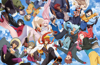Rule 34 | 5girls, 6+boys, alphen (tales), artist request, bandai namco, black boots, black eyes, black hair, black pants, black shoes, blonde hair, blue eyes, blue pants, blue sky, blue vest, boots, braid, brown eyes, brown gloves, brown hair, character request, closed eyes, closed mouth, cloud, coat, commentary, dark skin, dohalim (tales), dress, english commentary, falling, formal clothes, gloves, green eyes, grey hair, holding, holding microphone, kisara (tales), lloyd irving, lloyd irving (snow festival), looking at viewer, luke fon fabre, microphone, multiple boys, multiple girls, official alternate costume, official alternate hairstyle, official art, open mouth, pants, pink hair, purple pants, raven (tales), red hair, rinwell (tales), shionne (tales), shirt, shoes, sky, smile, sorey (tales), tales of (series), tales of arise, tales of berseria, tales of symphonia, tales of the abyss, tales of vesperia, tales of zestiria, tear grants, teeth, twintails, velvet crowe, vest, white dress, white shirt, yellow eyes, yellow pants, yuri lowell, zelos wilder