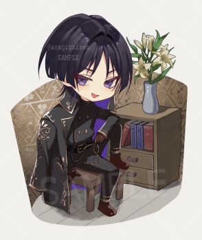 Rule 34 | 1boy, alternate costume, arm at side, arm on thigh, asagizuisen, belt, belt buckle, black belt, black coat, black hair, black jacket, black pants, black sleeves, blunt ends, book, brown gloves, brown shoes, buckle, buttons, chair, chibi, coat, coat on shoulders, colored eyelashes, contemporary, diorama, double-breasted, drawer, flower, formal clothes, genshin impact, gloves, gold trim, hair intakes, half-closed eyes, holding, holding removed eyewear, jacket, long sleeves, looking at viewer, male focus, military jacket, open clothes, open coat, open mouth, pants, parted bangs, plant, potted plant, purple eyes, scaramouche (genshin impact), shoes, sitting, solo, tsurime, twitter username, unworn eyewear, watermark, watermark grid, white background, white flower, wispy bangs, wooden chair, yellow-framed eyewear