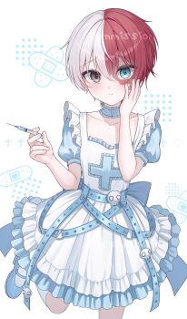 1boy absurdres apron blue_eyes boku_no_hero_academia burn_scar commentary commission crossdressing crossdressing_(mtf) dress grey_dress heterochromia highres holding holding_syringe looking_at_viewer maid male_focus multicolored_hair red_hair sarin_(seoling) scar scar_on_face short_hair split-color_hair syringe todoroki_shoto two-tone_hair white_apron white_hair