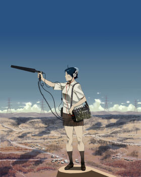 Rule 34 | 1girl, ahoge, bad id, bad pixiv id, blue hair, cable, day, directional microphone, female focus, headphones, landscape, microphone, original, power lines, shiira, short hair, skirt, sky, solo, wire