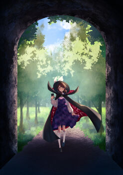 1girl absurdres bow brown_hair cellphone cloak clothes_writing forest glasses hat highres loafers low_twintails nature nettian51 outdoors path phone plaid_clothes plaid_skirt plaid_vest purple_skirt purple_vest quimbaya_airplane road runes school_uniform shirt shoes short_twintails skirt smartphone touhou tree tunnel twintails usami_sumireko vest white_shirt