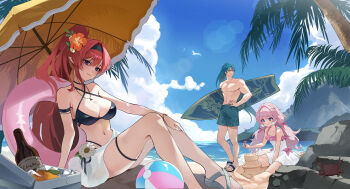 1boy 2girls bare_shoulders beach_umbrella bikini black_bikini black_hairband blue_sky bottle breasts cleavage commentary cooler crab day dress encore_(wuthering_waves) green_hair green_male_swimwear hair_between_eyes hairband hand_on_own_hip high_ponytail highres holding holding_surfboard jiyan_(wuthering_waves) large_breasts long_hair looking_at_viewer male_swimwear multiple_girls navel outdoors pink_hair pointy_ears ponytail purple_eyes red_hair sand_castle sand_sculpture sarong sidelocks sky stomach surfboard swim_ring swimsuit umbrella very_long_hair white_dress white_sarong wuthering_waves yinlin_(wuthering_waves) zima_(win_octopus)