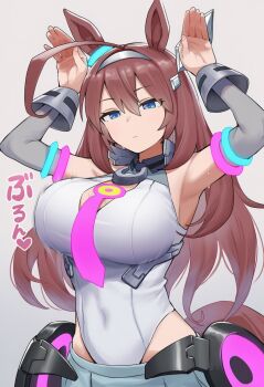 ahoge ai-generated animal_ears armpit_crease armpits breasts ear_ornament grey_hairband grey_leotard hairband highres horse_ears horse_girl horse_tail horseshoe_ornament large_breasts leotard lowleg lowleg_skirt mihono_bourbon_(mb-19890425)_(umamusume) mihono_bourbon_(umamusume) necktie pink_necktie sakubanosub silver_hairband skirt tail umamusume white_leotard