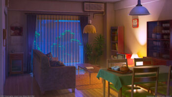 3d air_conditioner arsenixc calendar_(object) clock commentary_request couch cup highres indoors lamp lightning mixed-language_commentary night no_humans original pillow scenery table television tree window