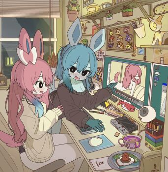 2girls animal_ears art_supplies bag bare_legs black_panties blue_hair blush body_fur bulletin_board computer_keyboard desk dessert diglett dragonite food furry furry_female gen_1_pokemon gen_2_pokemon gen_4_pokemon gen_6_pokemon gen_7_pokemon gen_8_pokemon glaceon grass_block highres jewelry jolteon mike_no_hito mimikyu monitor multiple_girls nacli nintendo nude panties personification photo_(object) pidgey pikachu pink_hair plant pokemon ponyta psyduck rattata ring sinistea slowpoke sweater sylveon tail tatsugiri underwear victreebel window xatu zubat