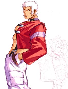 1boy abs absurdres black_choker brown_gloves cargo_pants choker closed_mouth commentary cropped_jacket earrings from_side gloves hands_in_pockets heart heart_choker highres jacket jewelry lemon1034 long_sleeves looking_at_viewer male_focus muscular nanakase_yashiro open_clothes open_jacket pants pectorals red_eyes red_jacket short_hair sketch_inset smile solo suspenders the_king_of_fighters topless_male v-shaped_eyebrows white_background white_hair white_pants