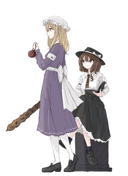 2girls :o absurdres armband back_bow black_boots black_hat black_shoes black_skirt black_socks book boots bow brown_eyes brown_hair brown_necktie closed_mouth collared_dress collared_shirt commentary_request contrast_collar crossed_legs diagonal-striped_clothes diagonal-striped_necktie dress dress_bow frilled_skirt frills ghostly_field_club hair_between_eyes hair_bow hat hat_bow highres holding holding_book holding_rod holding_teapot kashiwada_kiiho large_bow long_sleeves looking_to_the_side maribel_hearn medium_hair mob_cap multiple_girls necktie open_mouth pantyhose purple_dress purple_eyes revision rod sash shirt shirt_tucked_in shoes short_hair signature simple_background sitting sitting_on_tombstone skirt sleeve_cuffs sleeve_garter socks standing striped_clothes teapot tie_clip tombstone touhou usami_renko white_armband white_background white_bow white_hat white_pantyhose white_sash white_shirt