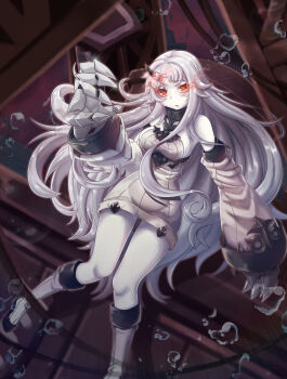 Rule 34 | 10s, 1girl, abyssal ship, bare shoulders, boots, breasts, claws, colored skin, detached sleeves, dress, female focus, glowing, glowing eyes, highres, horns, kantai collection, large breasts, long hair, looking at viewer, pale skin, red eyes, ribbed dress, ribbed sweater, seaport princess, short dress, single horn, solo, sora (dkssud6580), sweater, sweater dress, thighs, underwater, very long hair, white boots, white hair, white skin